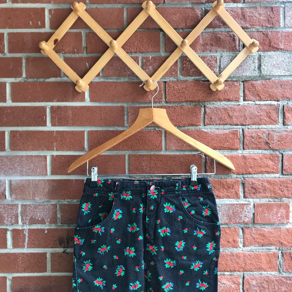 Vintage Esprit 90s Black Denim High Waisted Floral Skirt youth SM womens XXS/XS